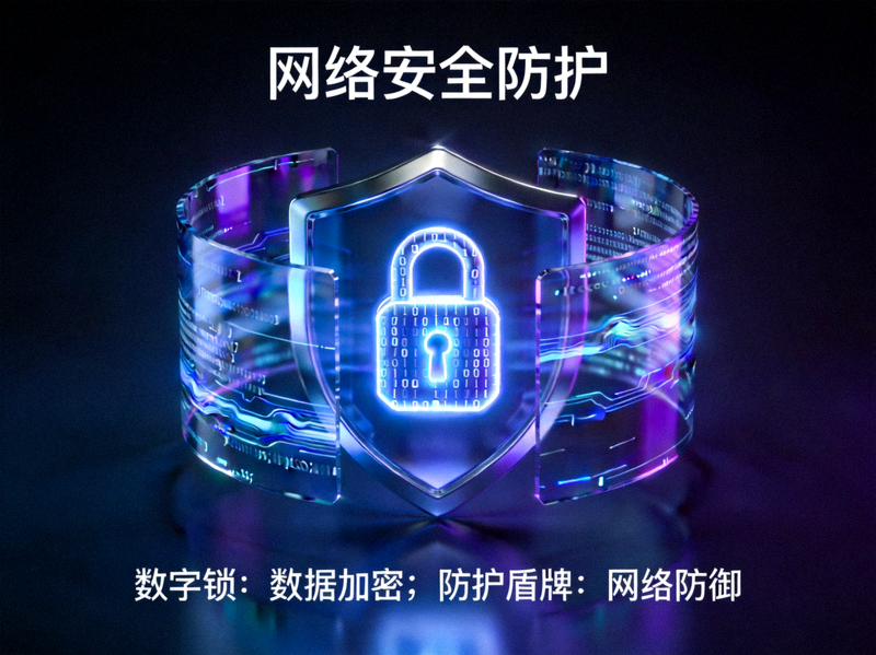 网络安全防护概念图，展示数字锁与防护盾牌